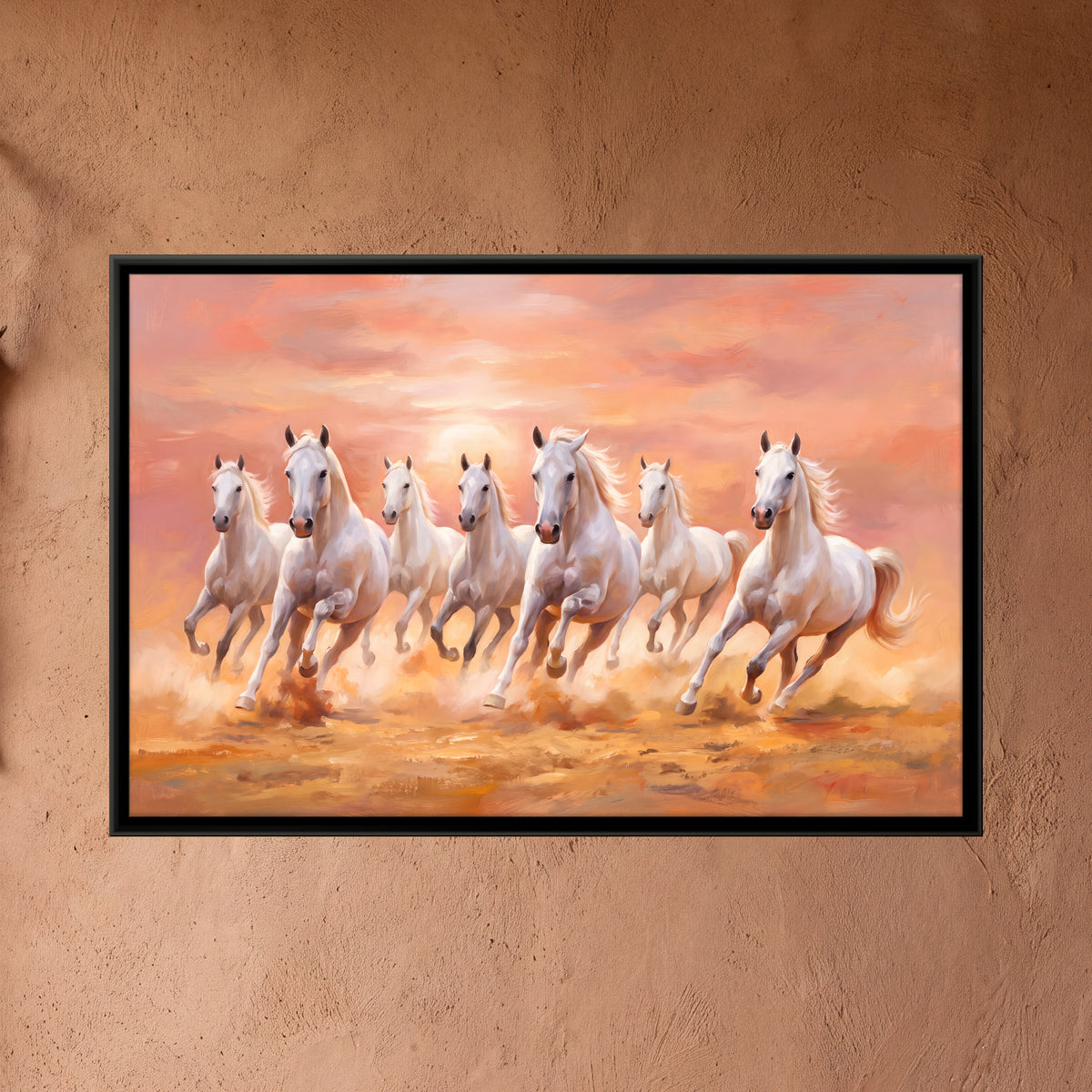Seven White Horses at Sunset - framed canvas art hung on a wall
