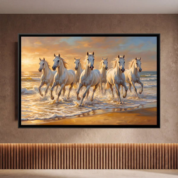 Seven White Horses Running in Ocean Surf at Sunset