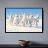 Seven White Horses Running in Snow