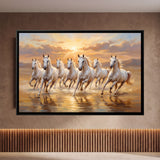 Seven White Horses Galloping in Shallow Water