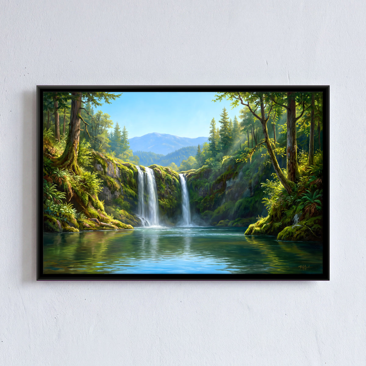 Waterfall into a Mountain Lake - framed canvas art hung on a wall