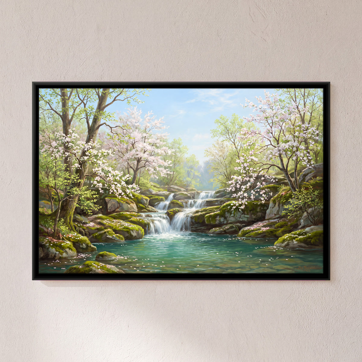 Waterfall Among Blossoming Trees - framed canvas art hung on a wall