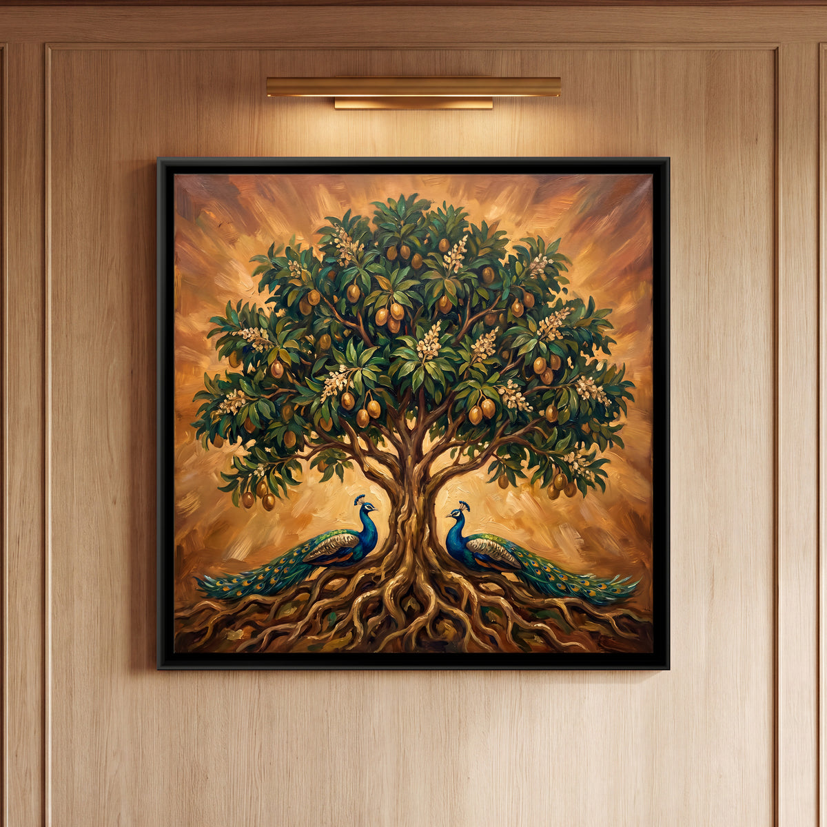 Tree of Life with Peacocks - framed canvas art hung on a wall