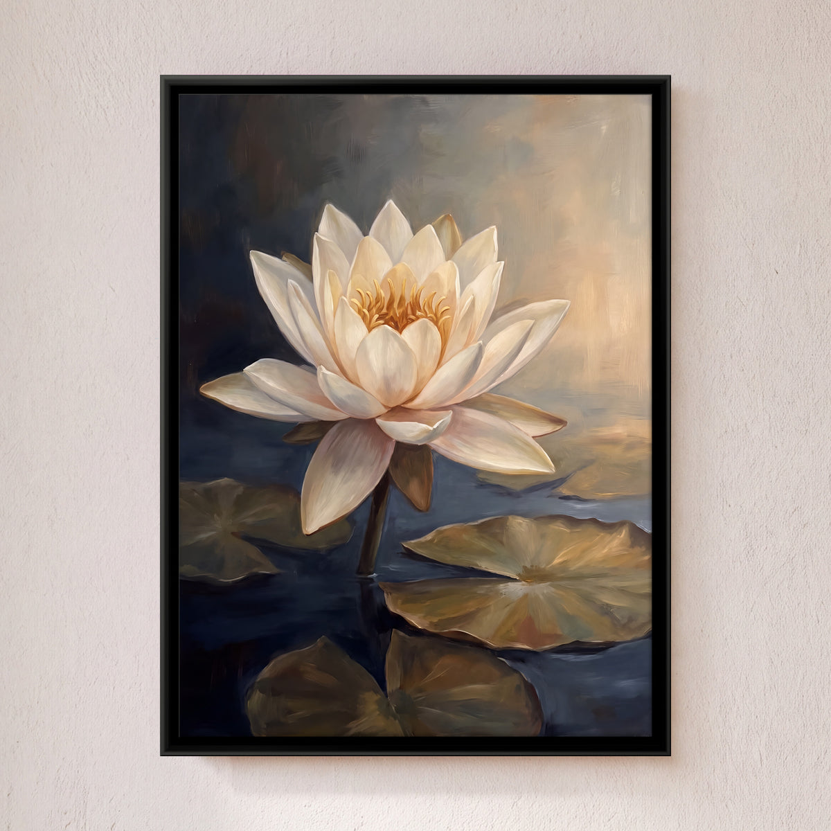 White Lotus on a Dark Pond - framed canvas art hung on a wall