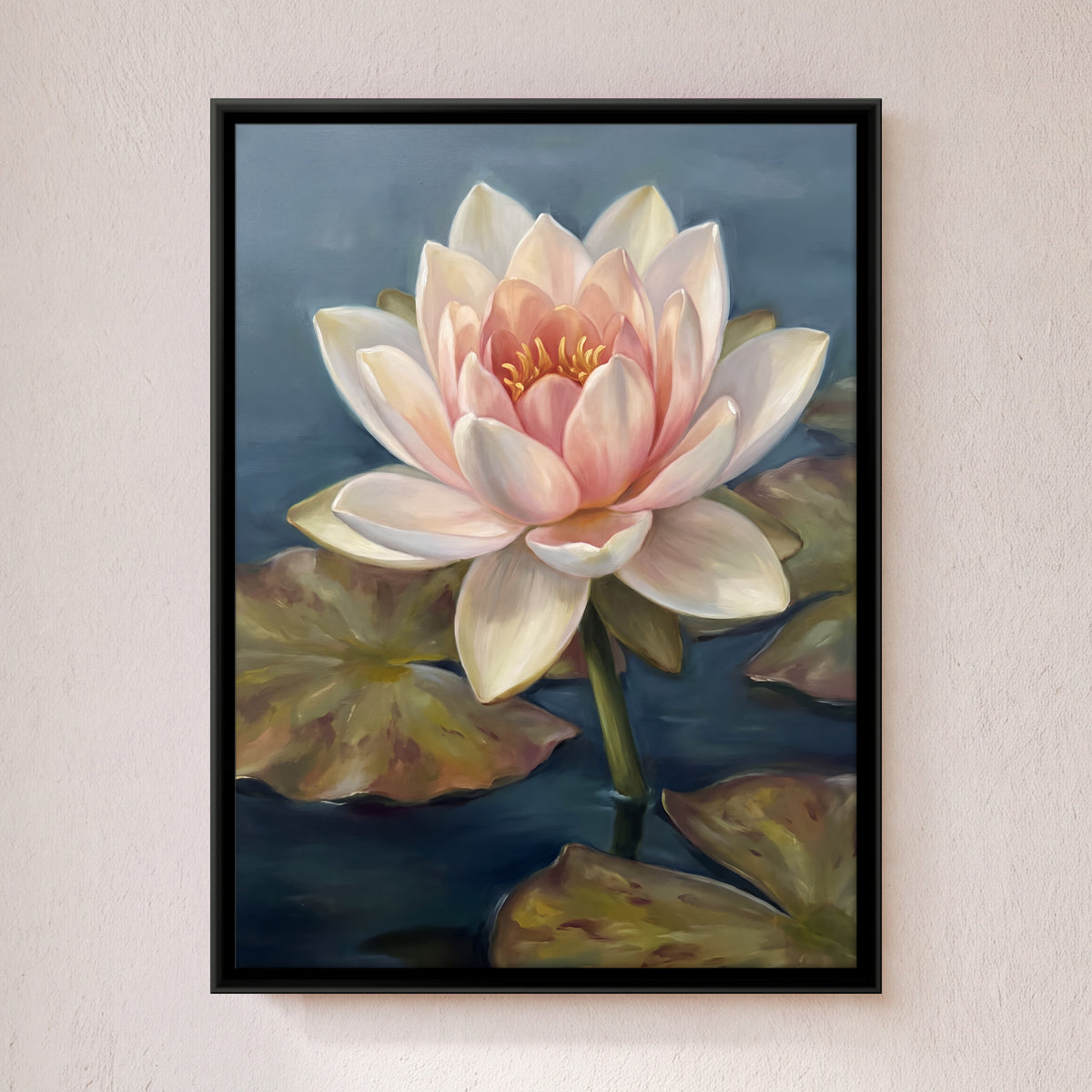 Blush Lotus on Still Water - framed canvas art hung on a wall
