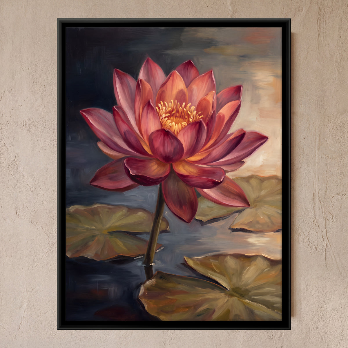 Red Lotus Above Lily Pads - framed canvas art hung on a wall
