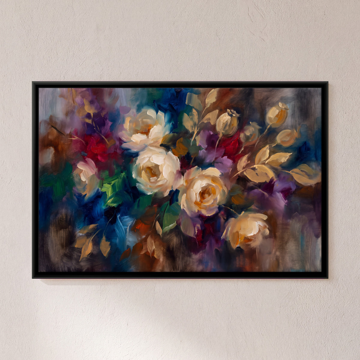 Cream Roses - framed canvas art hung on a wall