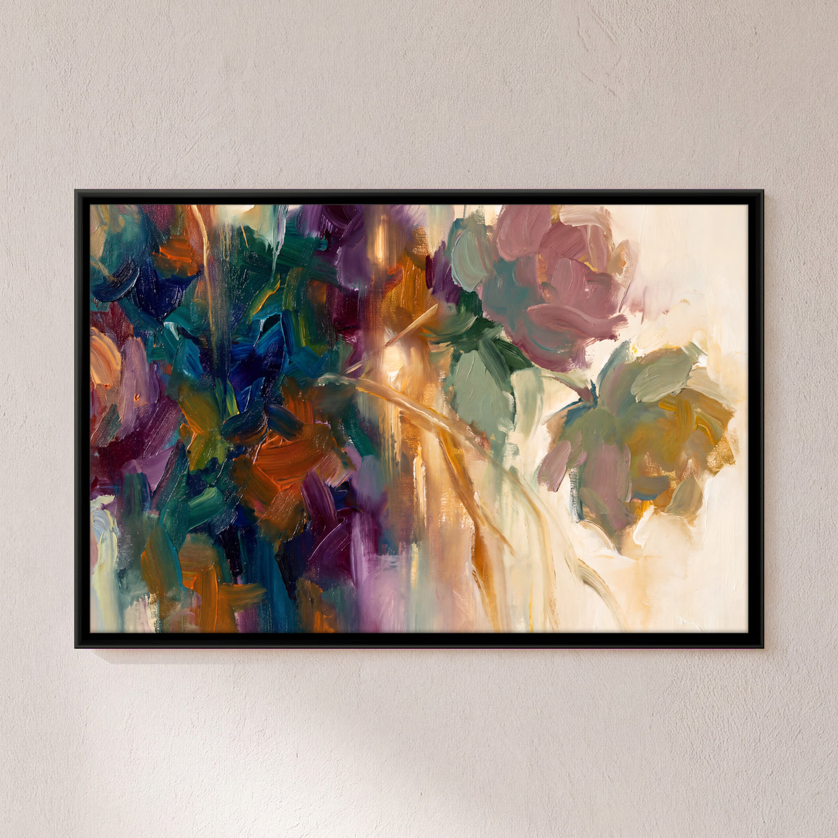 Rose Among Abstract Blooms - framed canvas art hung on a wall