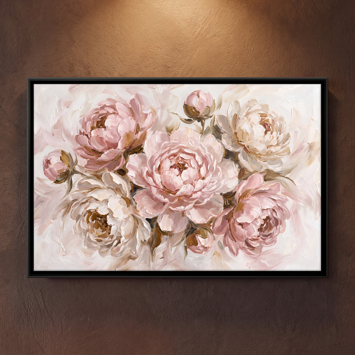 Blush Peonies - framed canvas art hung on a wall