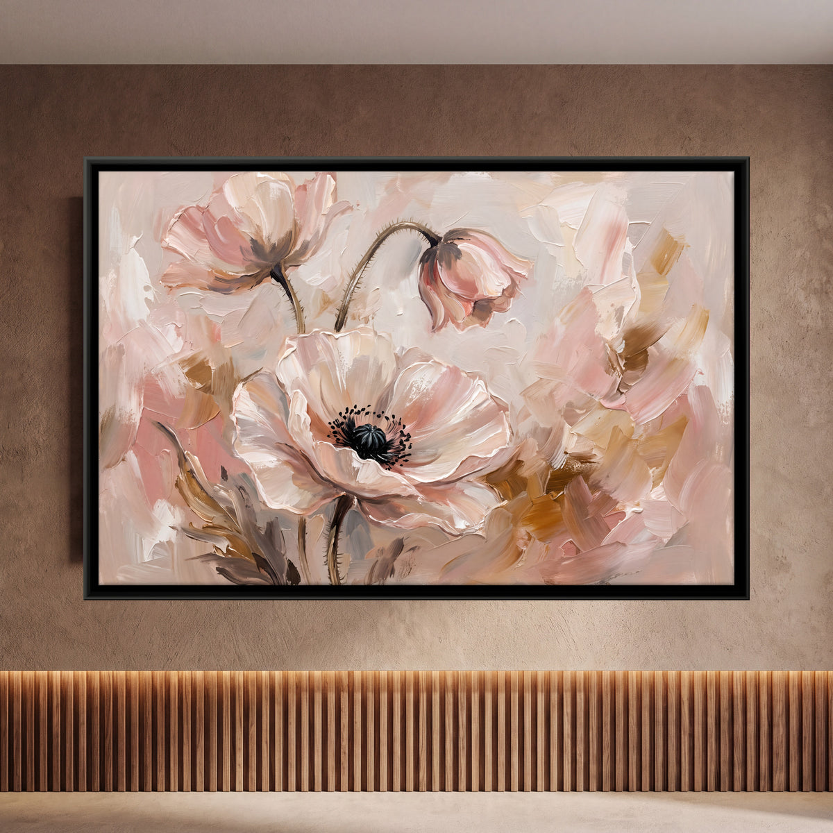Single Blush Poppy - framed canvas art hung on a wall
