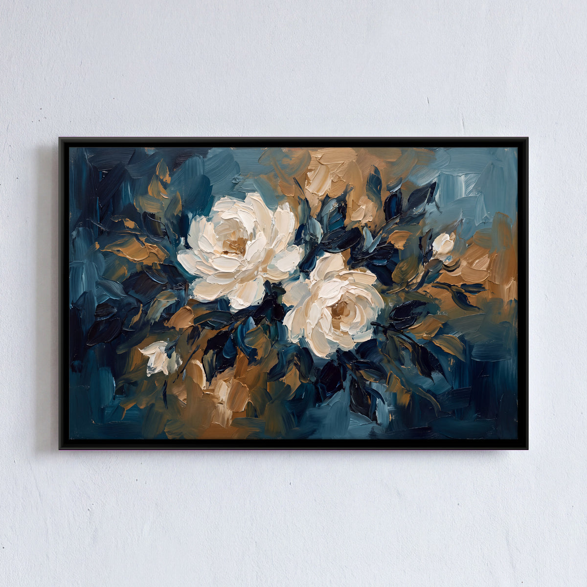 White Roses on Navy - framed canvas art hung on a wall