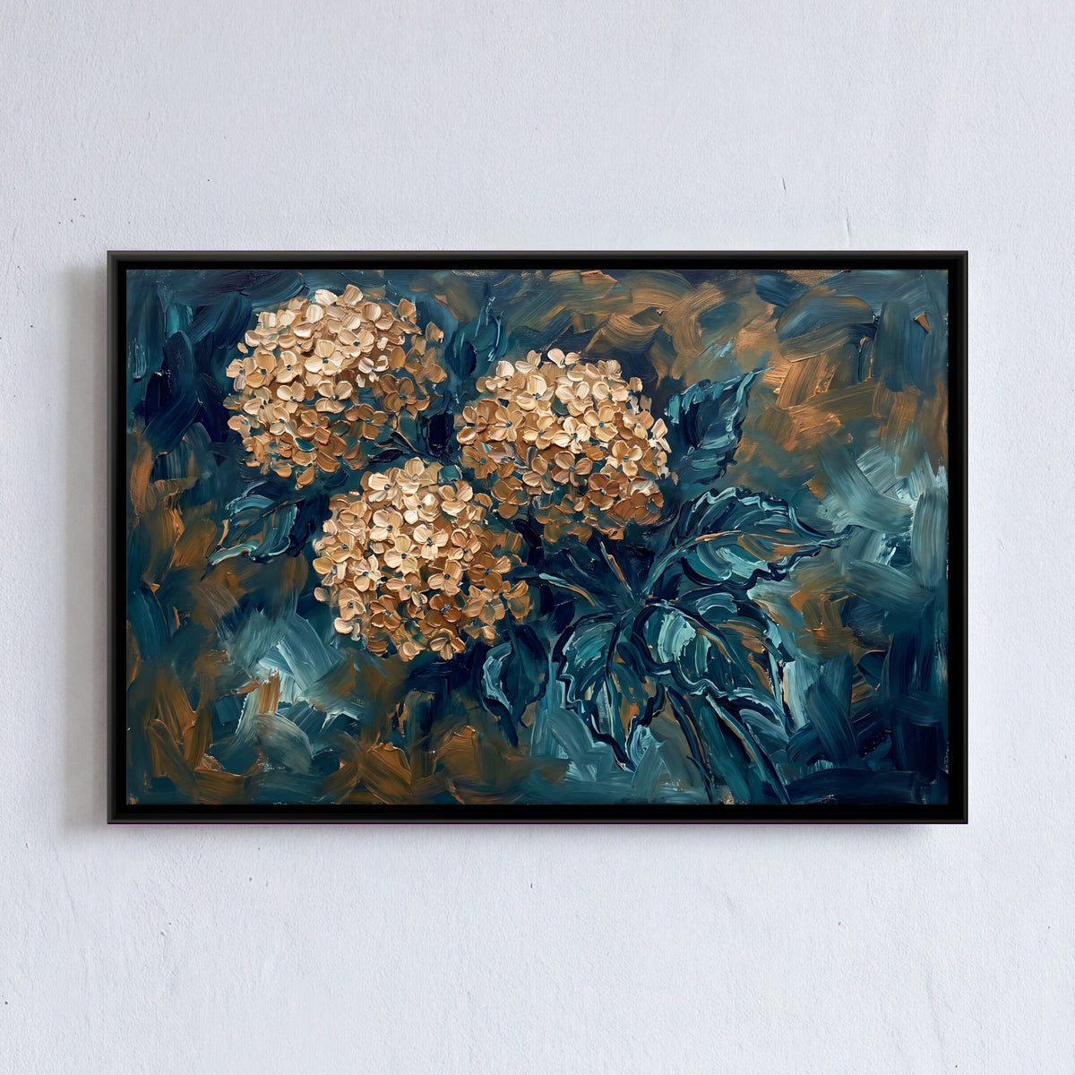 Golden Hydrangeas - framed canvas art hung on a wall