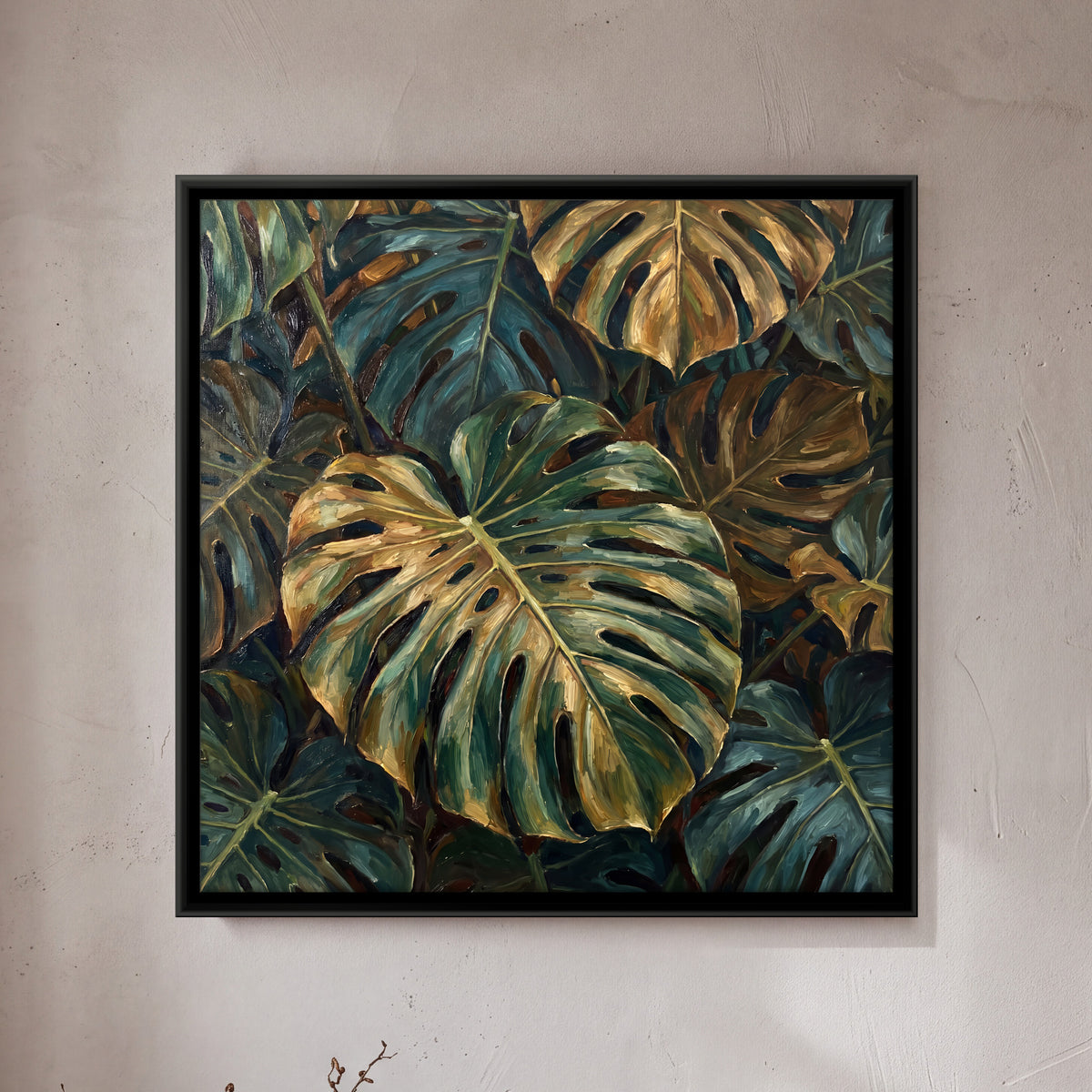 Golden Monstera Leaves - framed canvas art hung on a wall