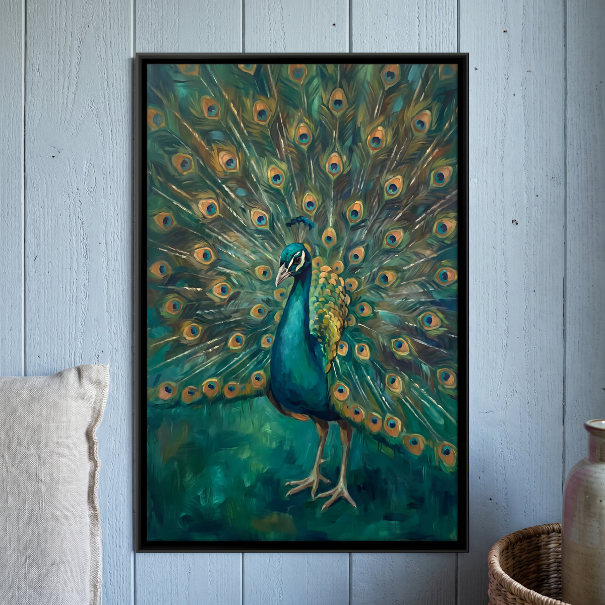 Peacock in Full Display - framed canvas art hung on a wall