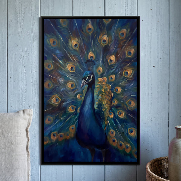 Peacock with Fully Fanned Tail Feathers in Indigo