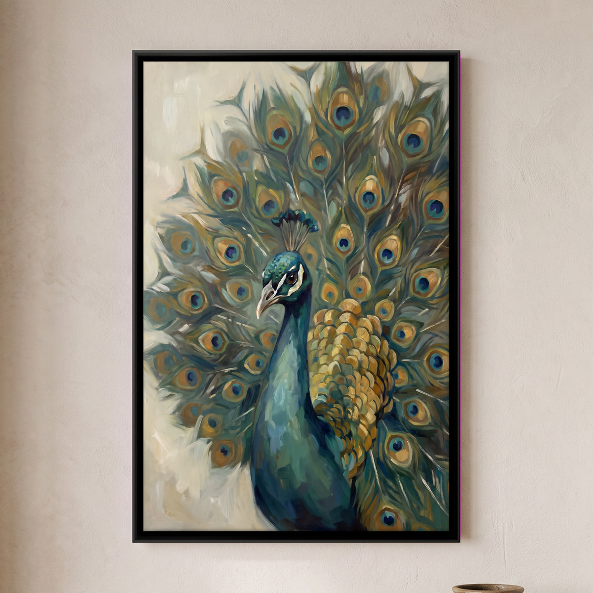 Peacock in Full Display - framed canvas art hung on a wall