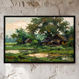 Thatched Huts by a Village Pond