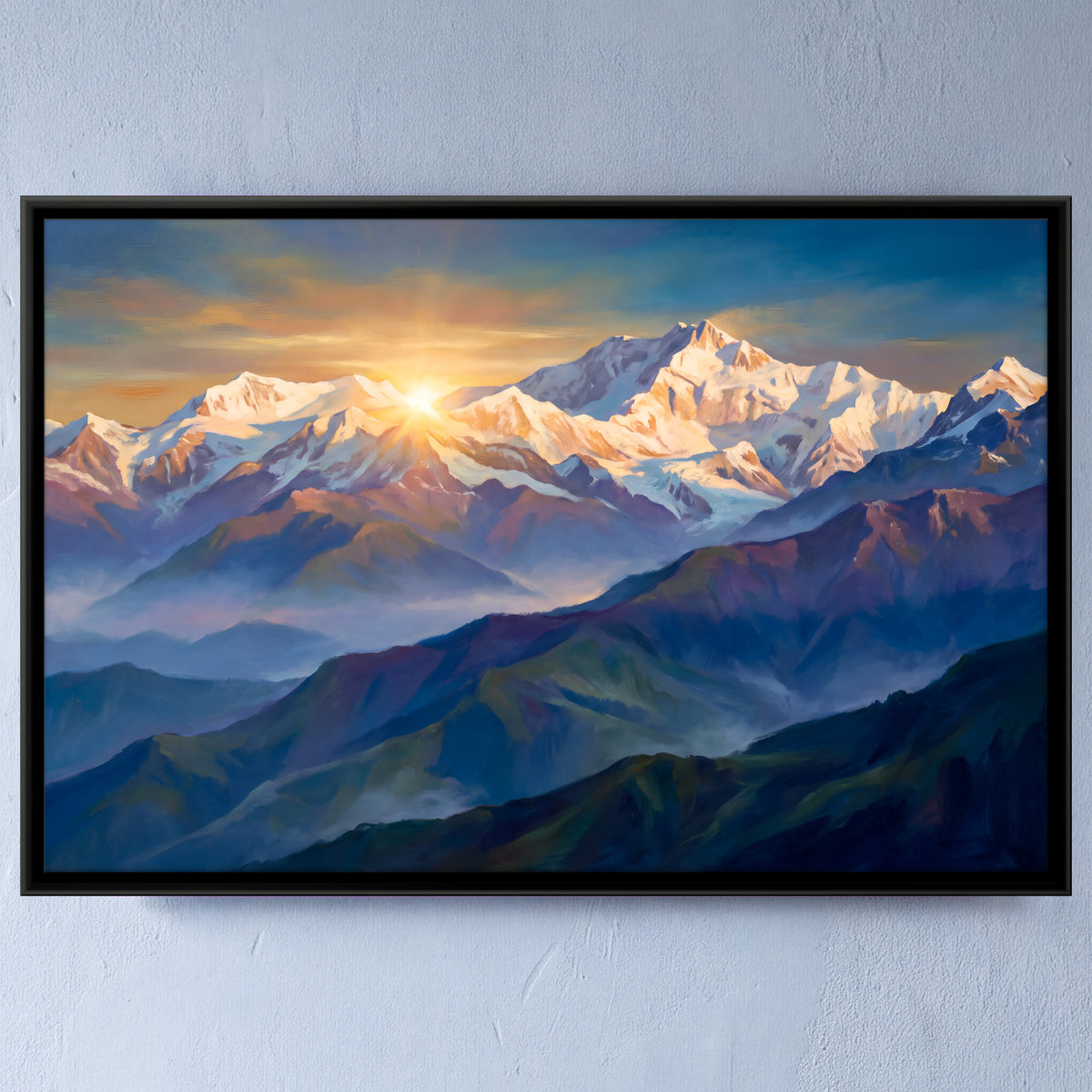 Sunrise Over Snow Peaks - framed canvas art hung on a wall