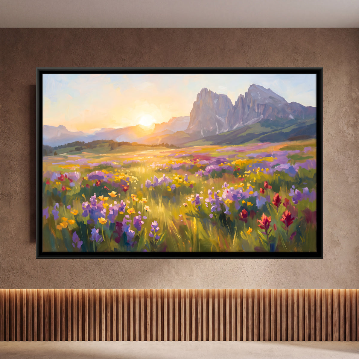 Alpine Wildflower Meadow at Sunrise - framed canvas art hung on a wall