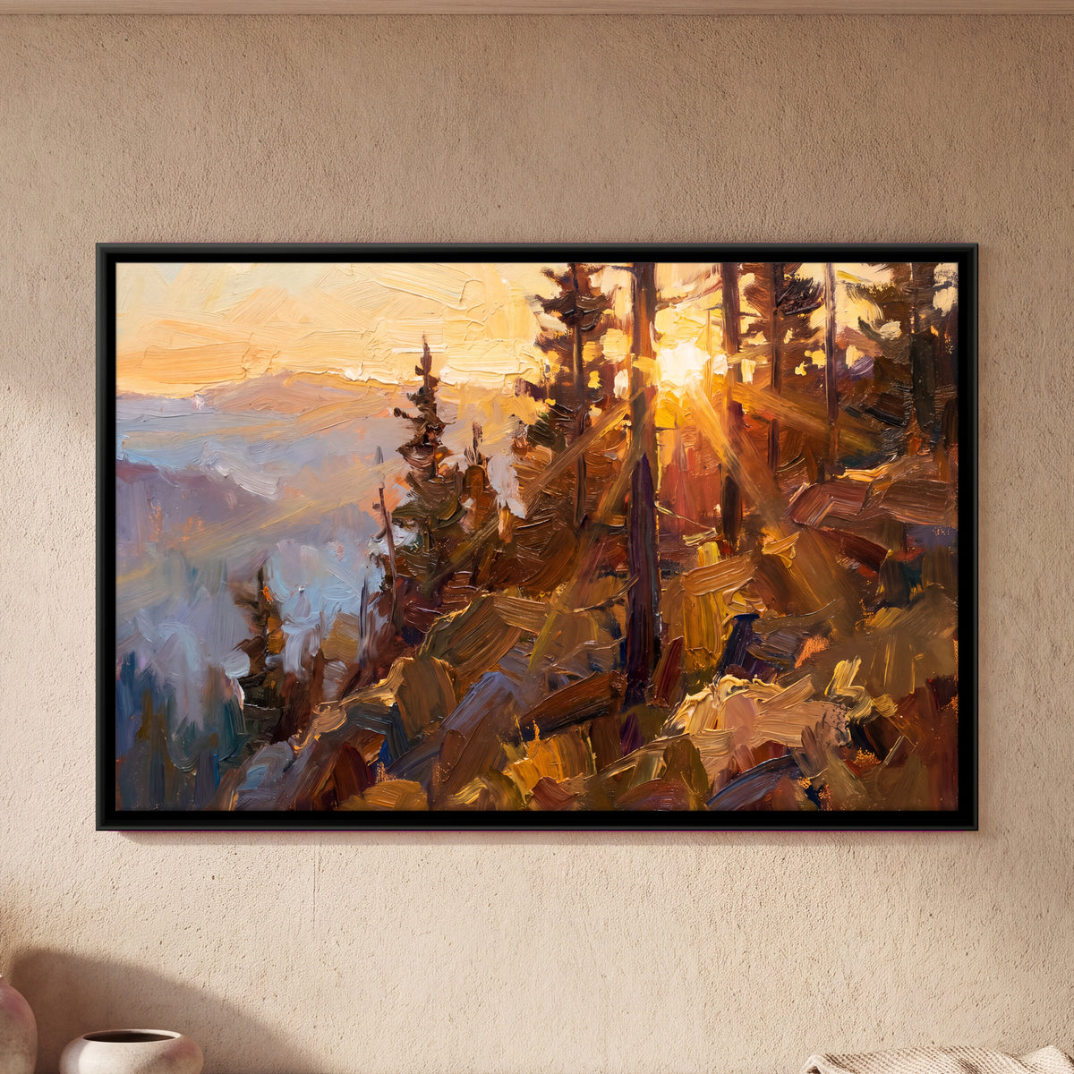 Sunrise Through Mountain Pines - framed canvas art hung on a wall