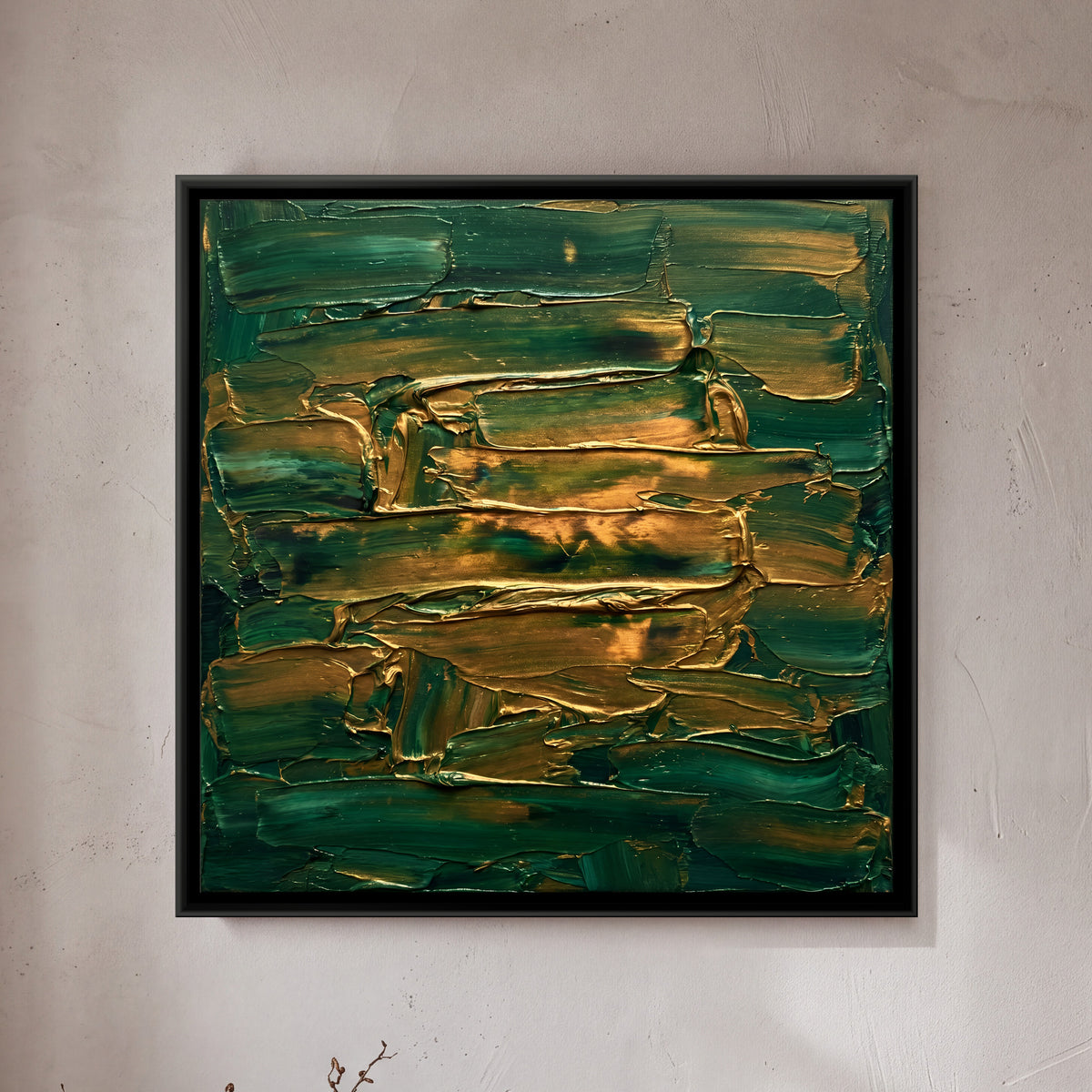 Green and Gold Textured Bands - framed canvas art hung on a wall