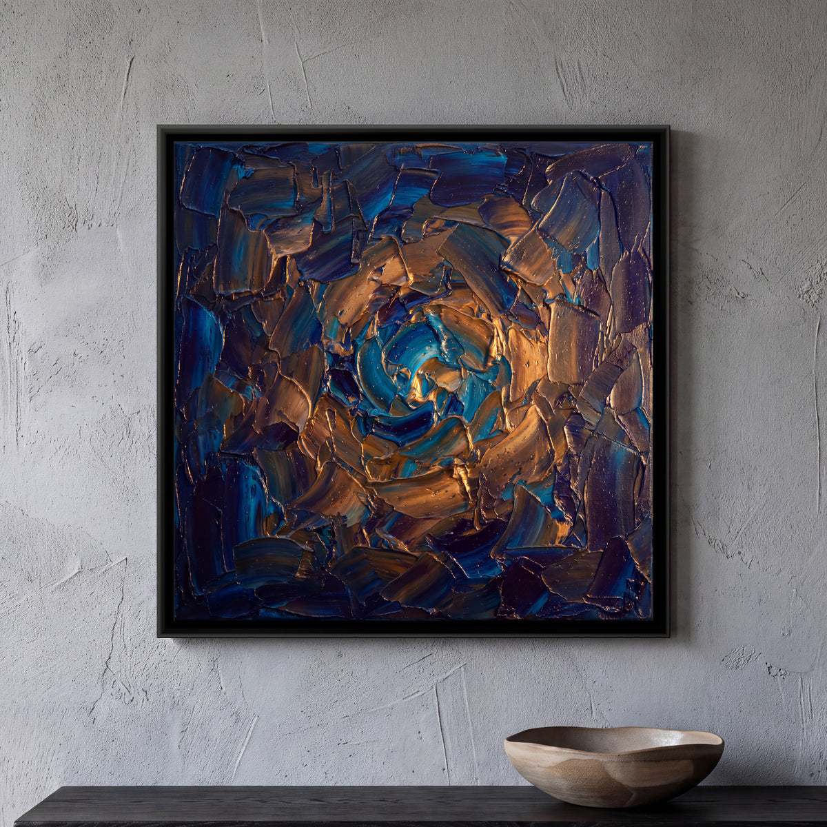 Blue and Copper Swirl - framed canvas art hung on a wall