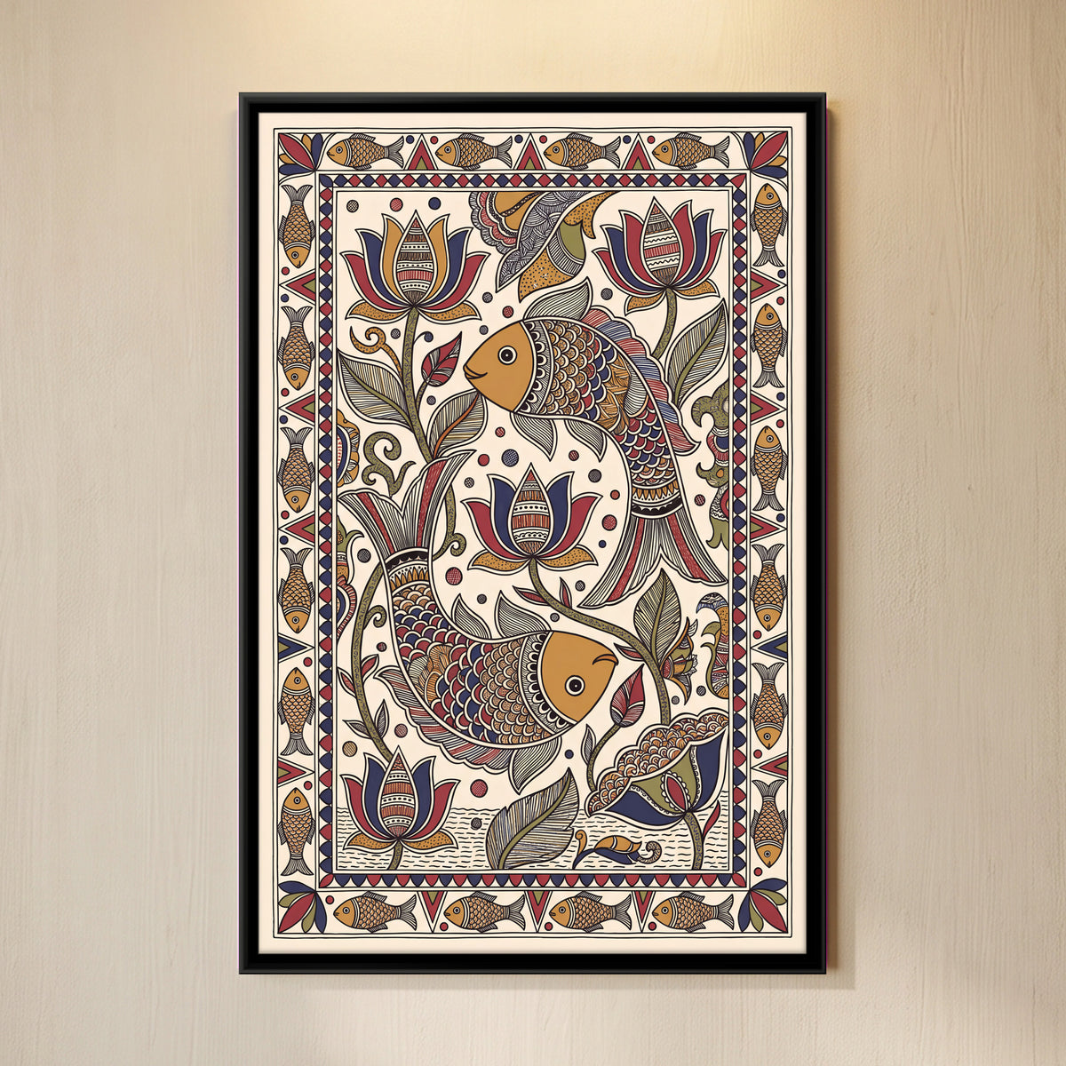 Two Fish Among Lotus Flowers - framed canvas art hung on a wall