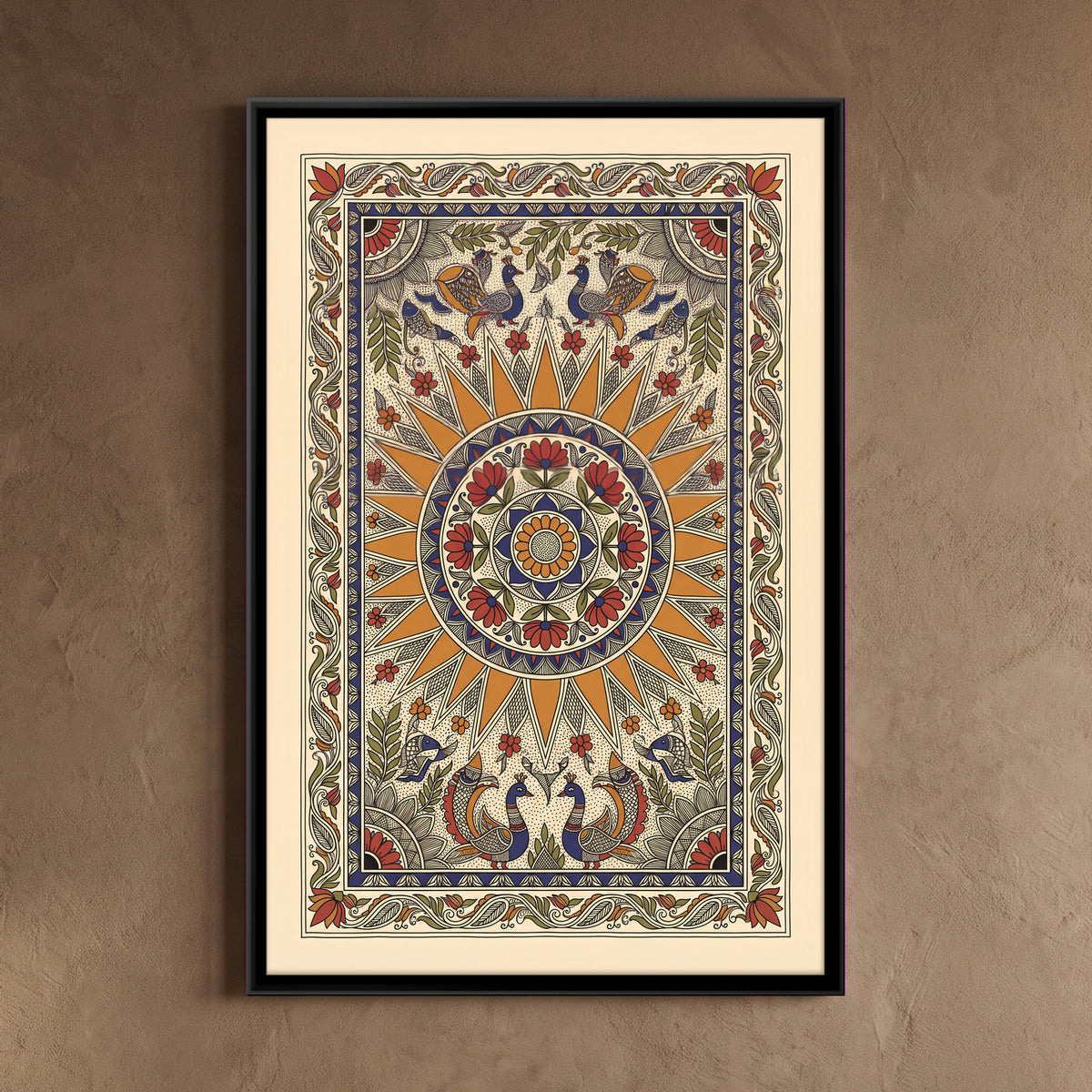 Sun Mandala with Peacocks - framed canvas art hung on a wall