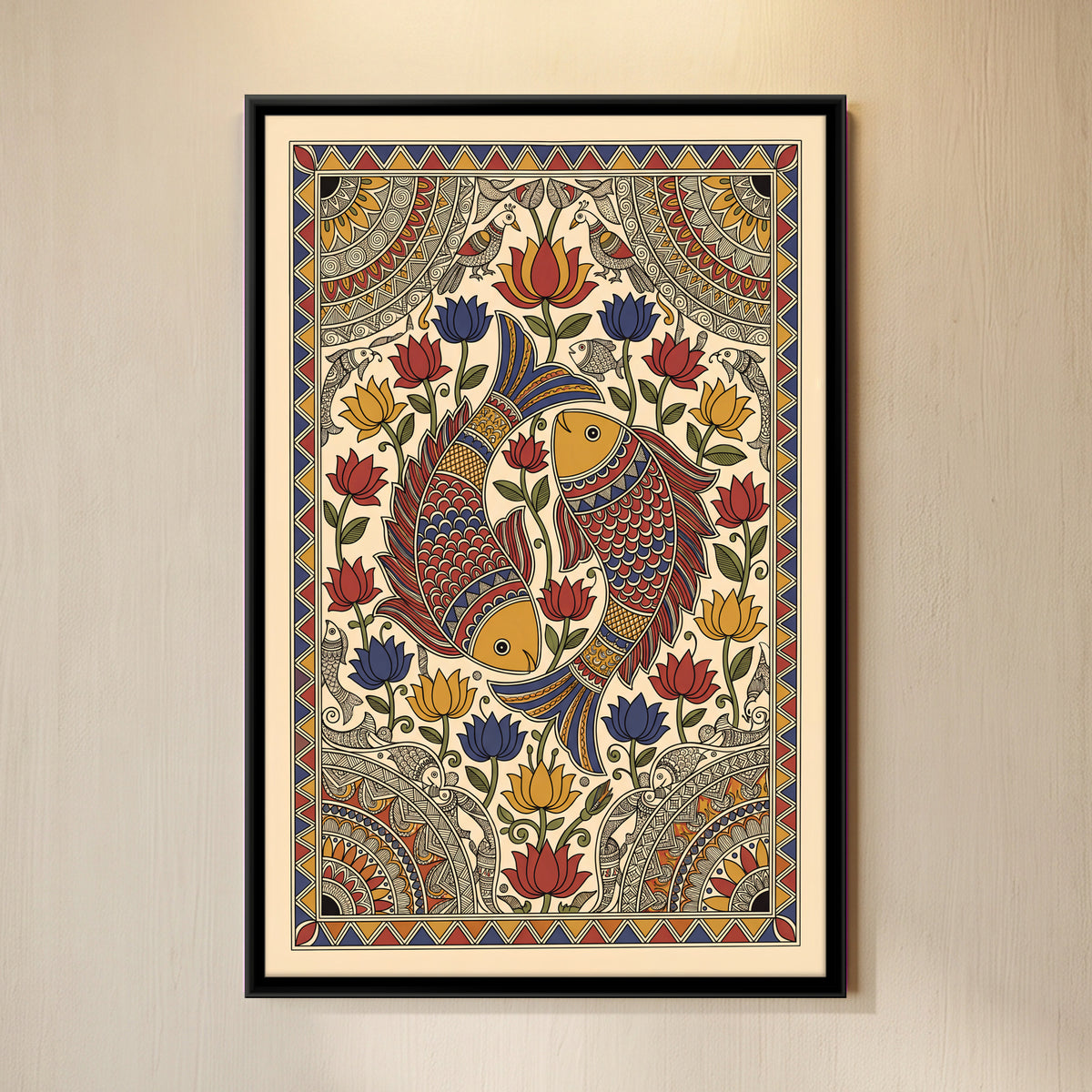 Two Fish Among Lotus Flowers - framed canvas art hung on a wall