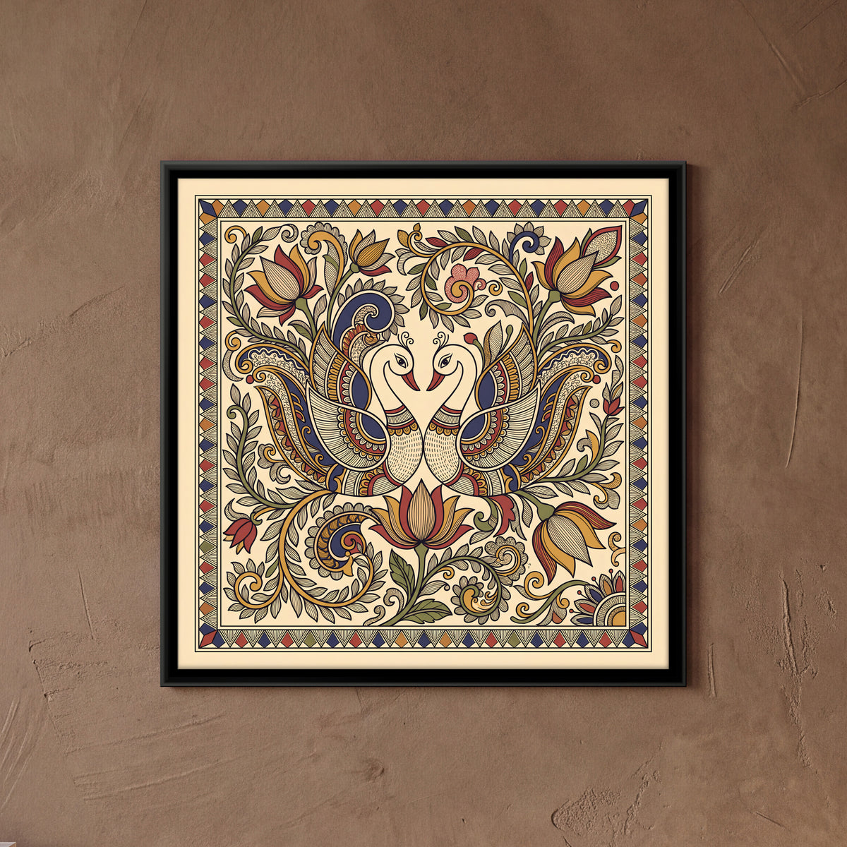 Pair of Swans with Lotus - framed canvas art hung on a wall