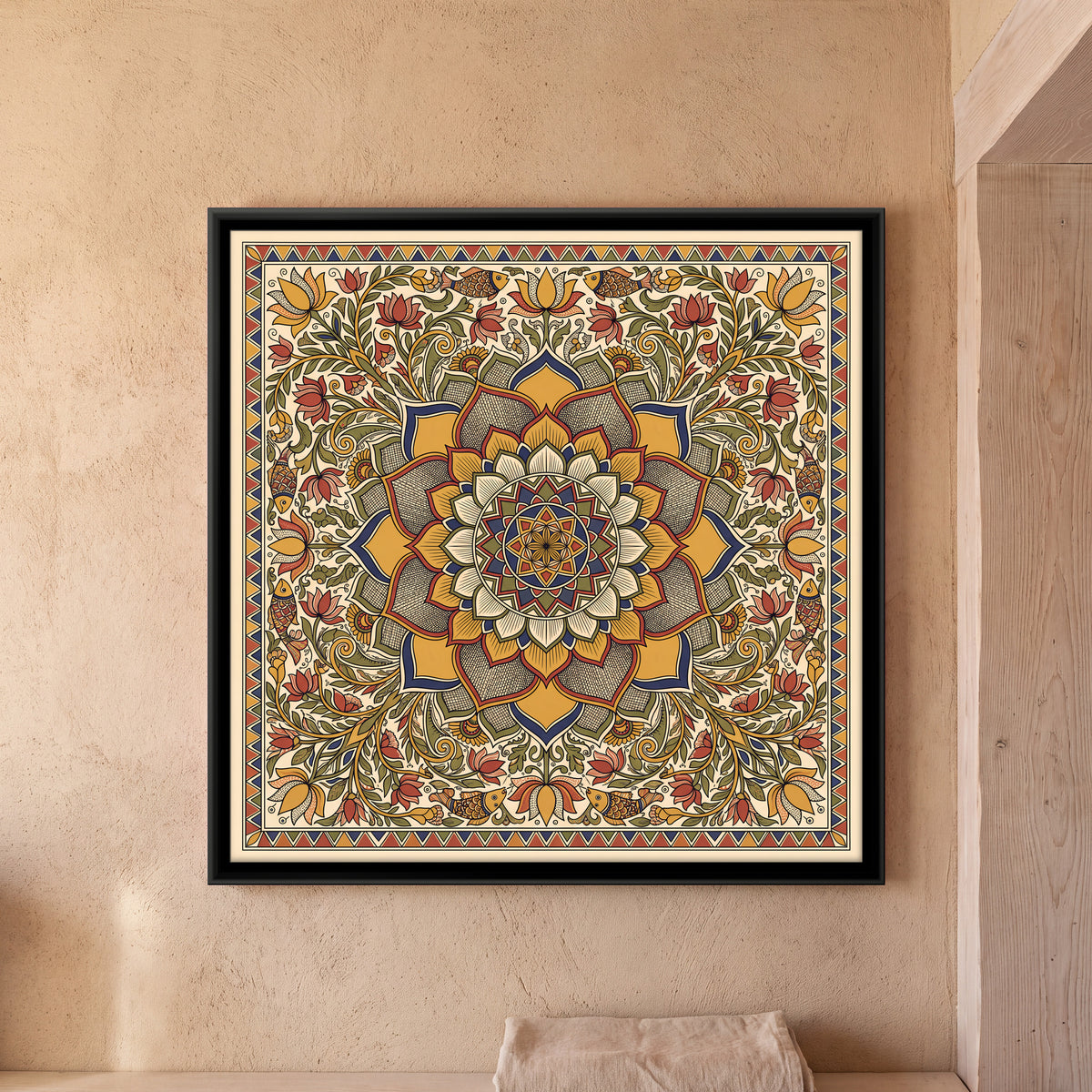 Lotus Mandala with Flowering Vines - framed canvas art hung on a wall
