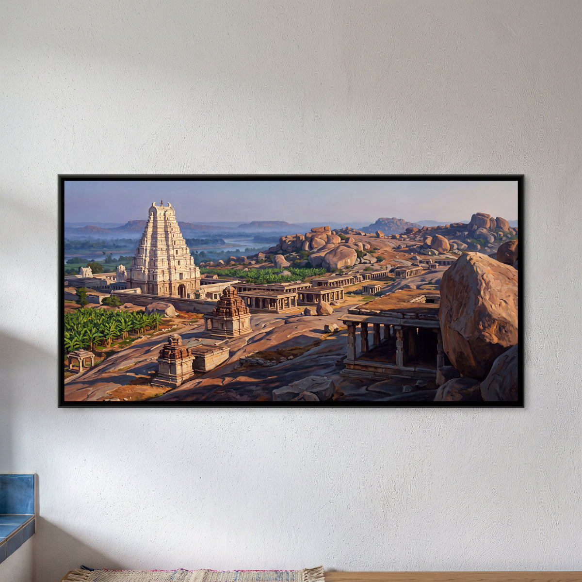 Virupaksha Temple Tower from Hemakuta Hill - framed canvas art hung on a wall