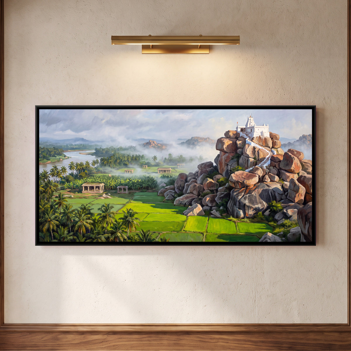 Anjanadri Hill in Monsoon Mist - framed canvas art hung on a wall