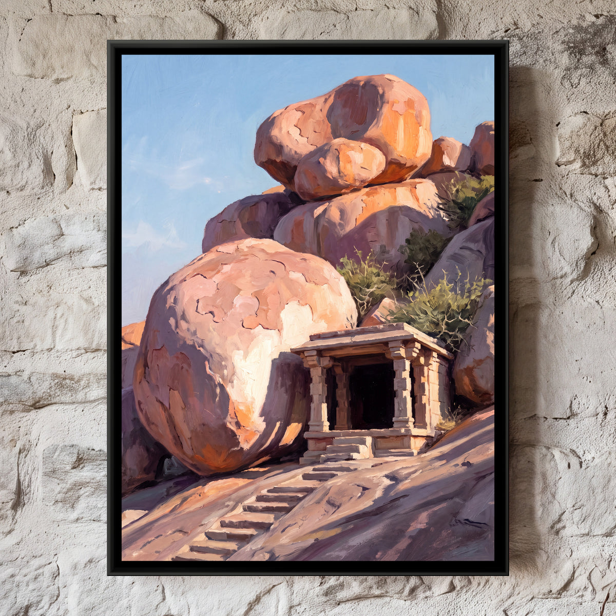 Balanced Granite Boulders on Hemakuta Hill - framed canvas art hung on a wall