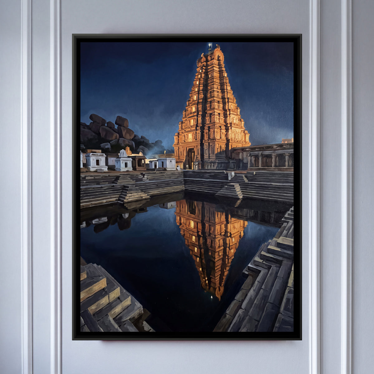 Virupaksha Tower Reflected at Dawn - framed canvas art hung on a wall