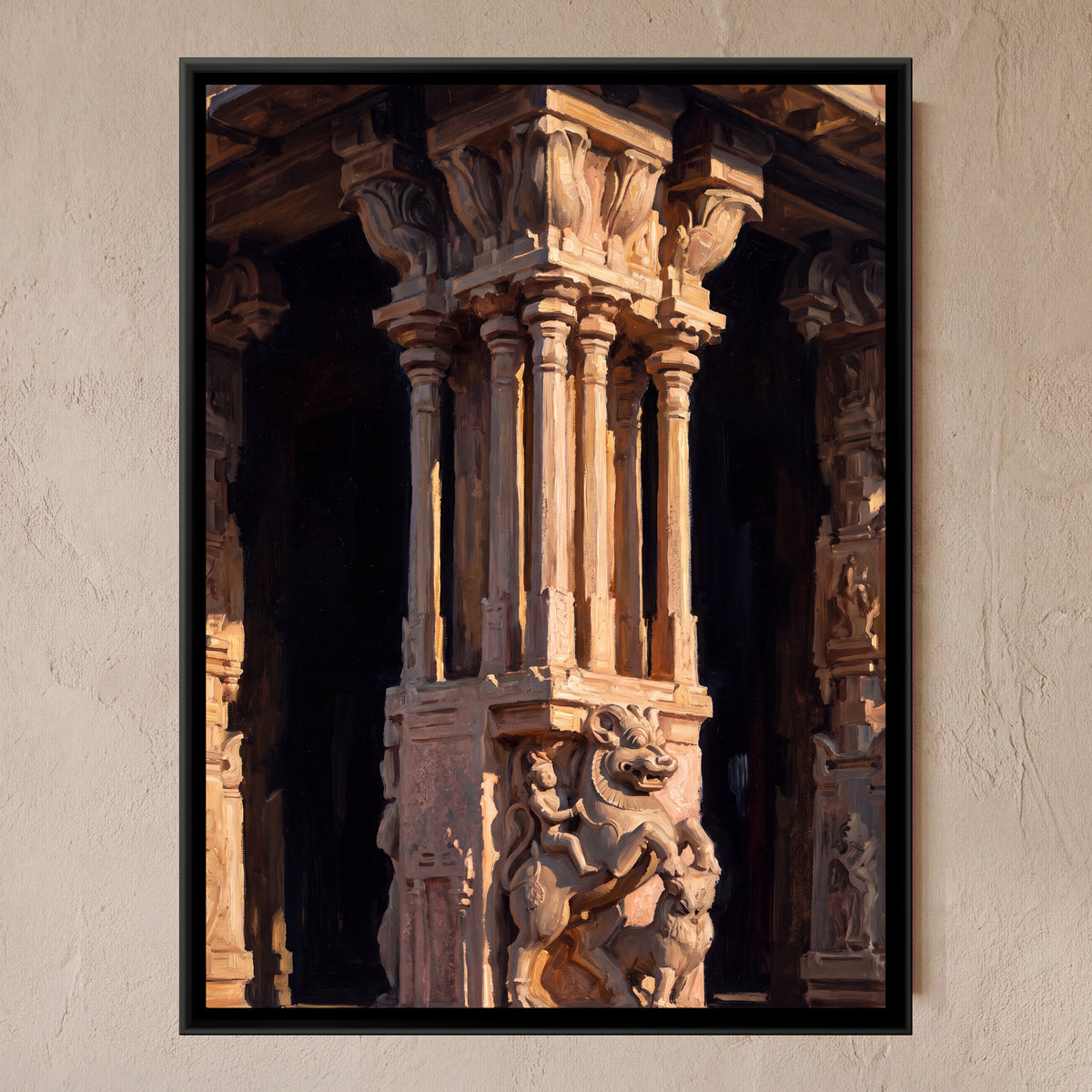 Carved Pillars of the Vittala Temple - framed canvas art hung on a wall