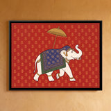 Caparisoned White Elephant with a Golden Parasol on Vermilion Red