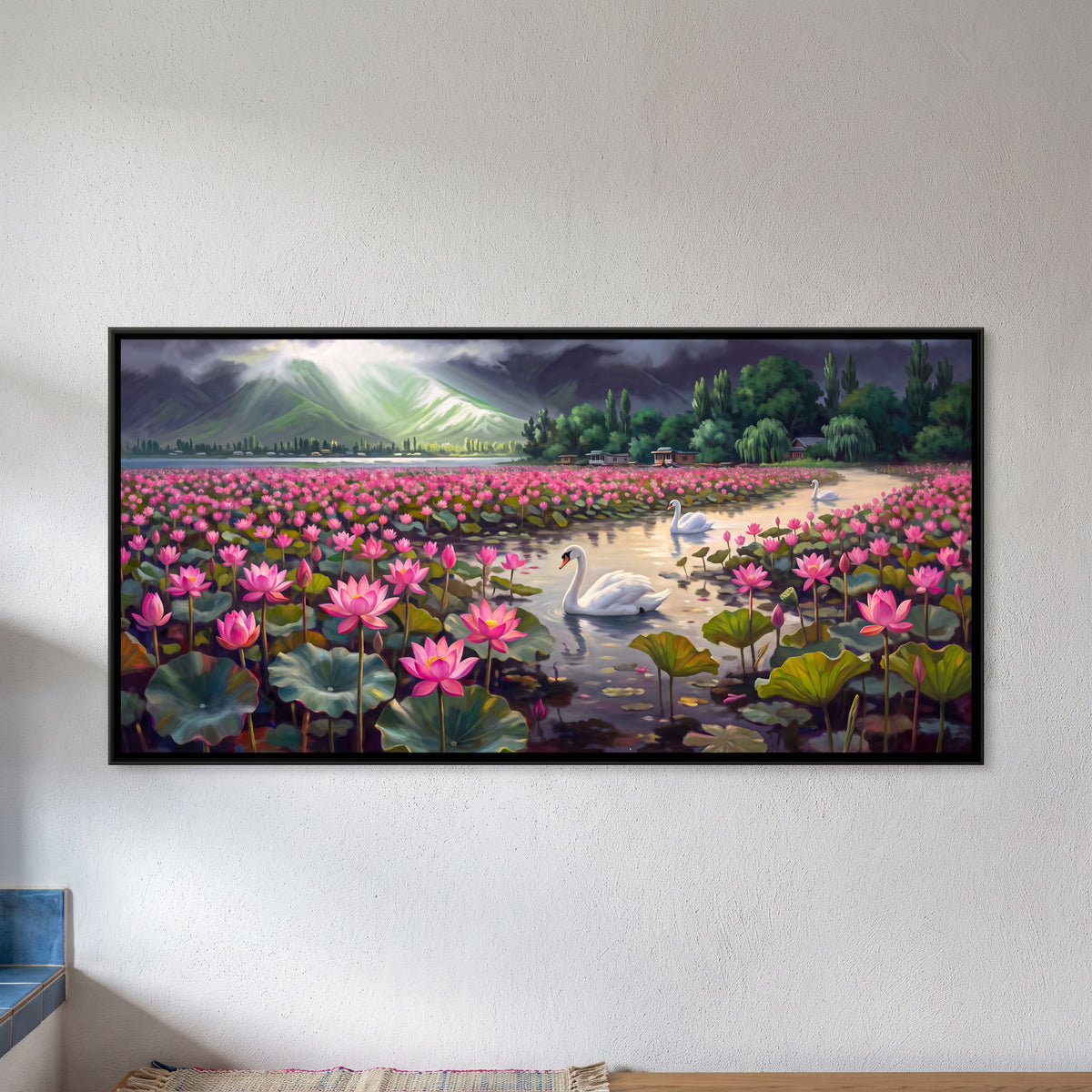Swans on a Lotus Lake Under Storm Clouds - framed canvas art hung on a wall