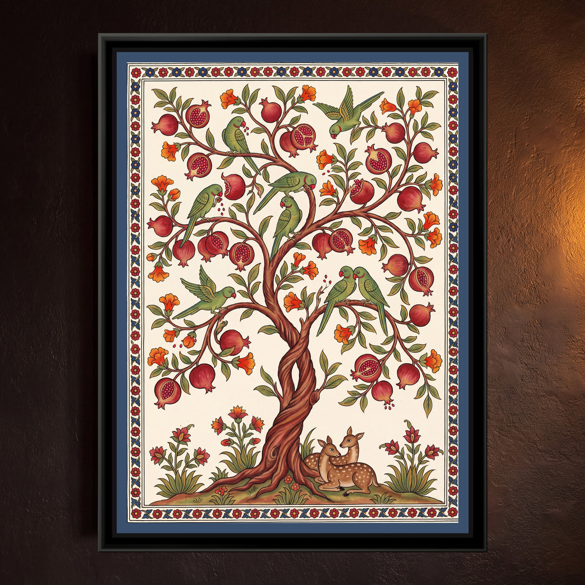 Parrots in a Pomegranate Tree - framed canvas art hung on a wall