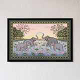 Elephants Bathing in a Lotus Pond