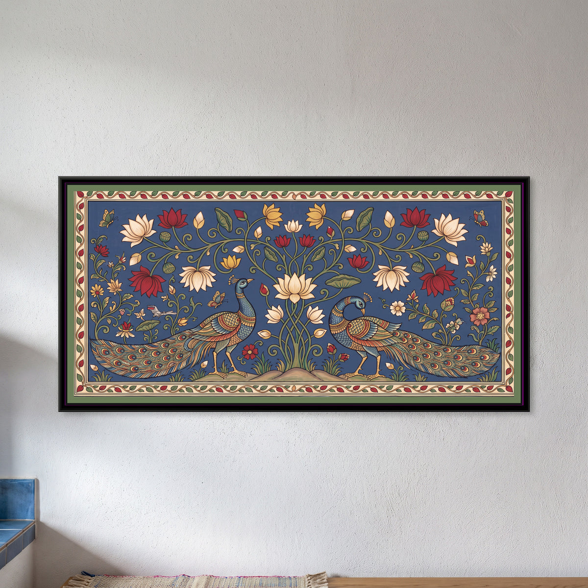 Peacocks beneath a Lotus Tree - framed canvas art hung on a wall