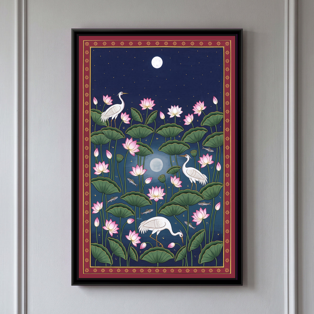 Cranes in a Moonlit Lotus Pond - framed canvas art hung on a wall