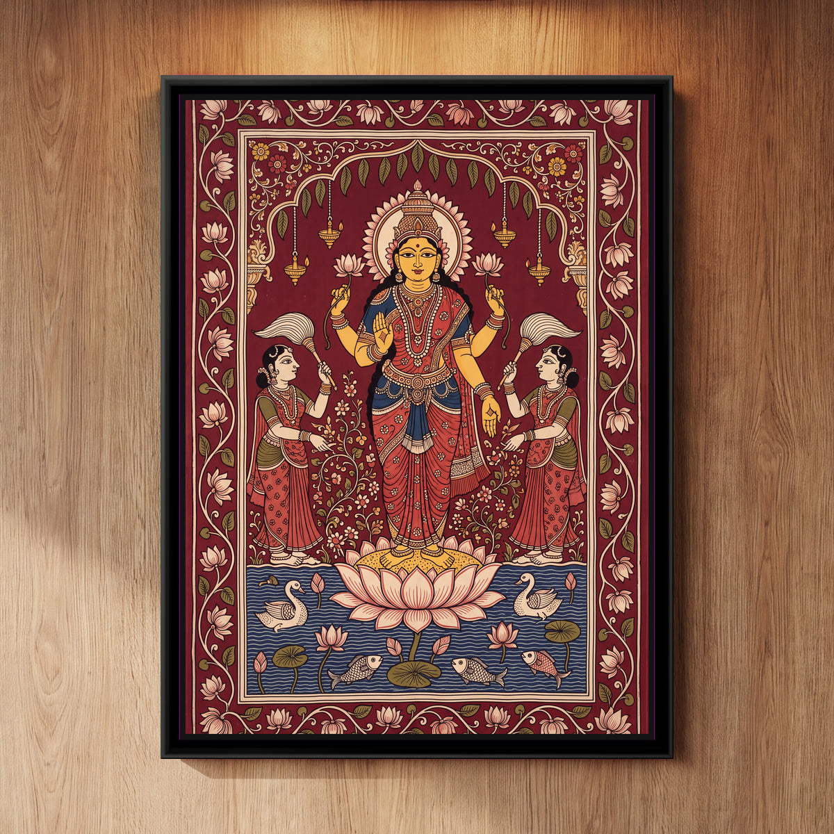 Lakshmi Standing on a Lotus with Attendants - framed canvas art hung on a wall