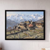 Slate-Roofed Himalayan Village Below Snow Ranges