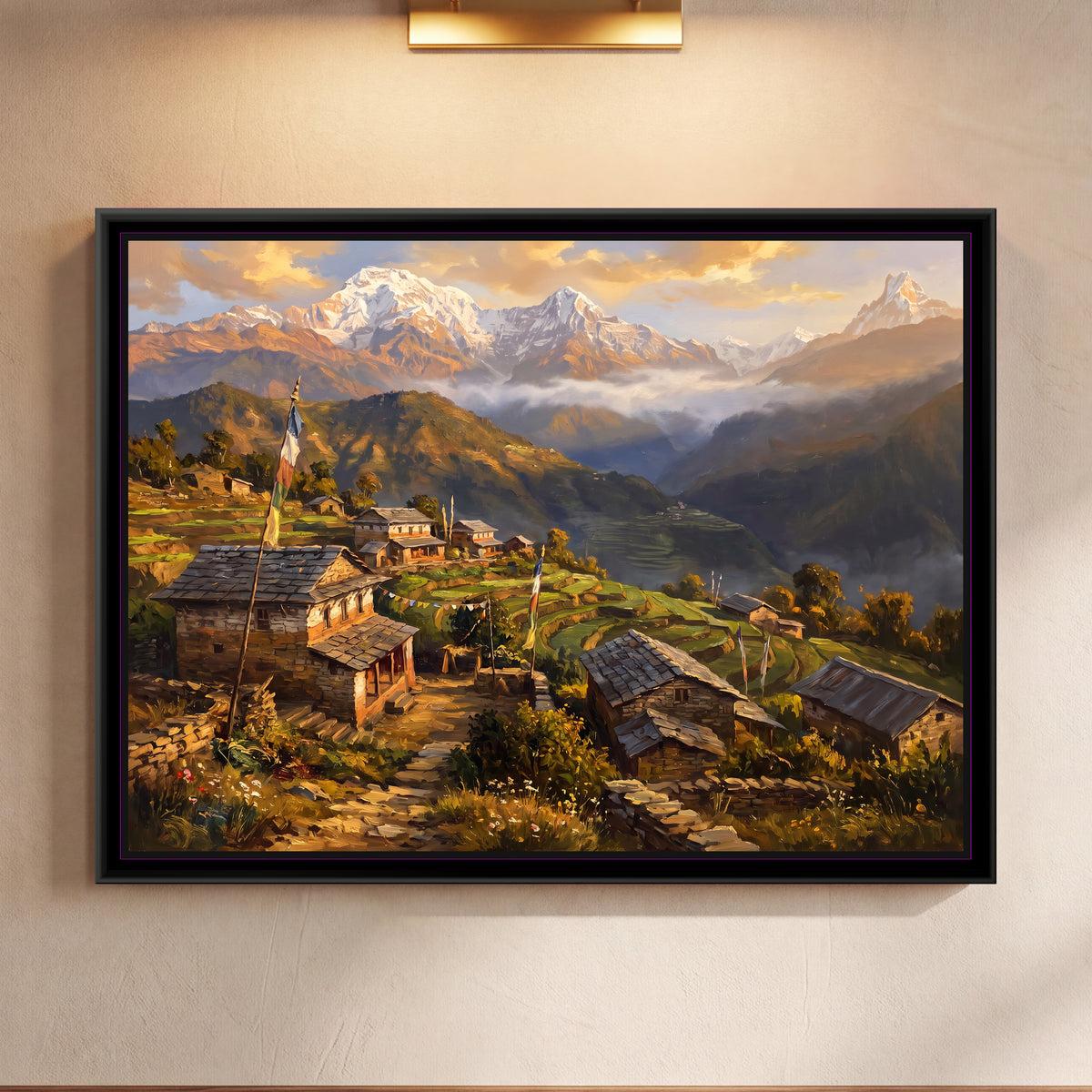 Himalayan Hamlet with Prayer Flags in Warm Light - framed canvas art hung on a wall
