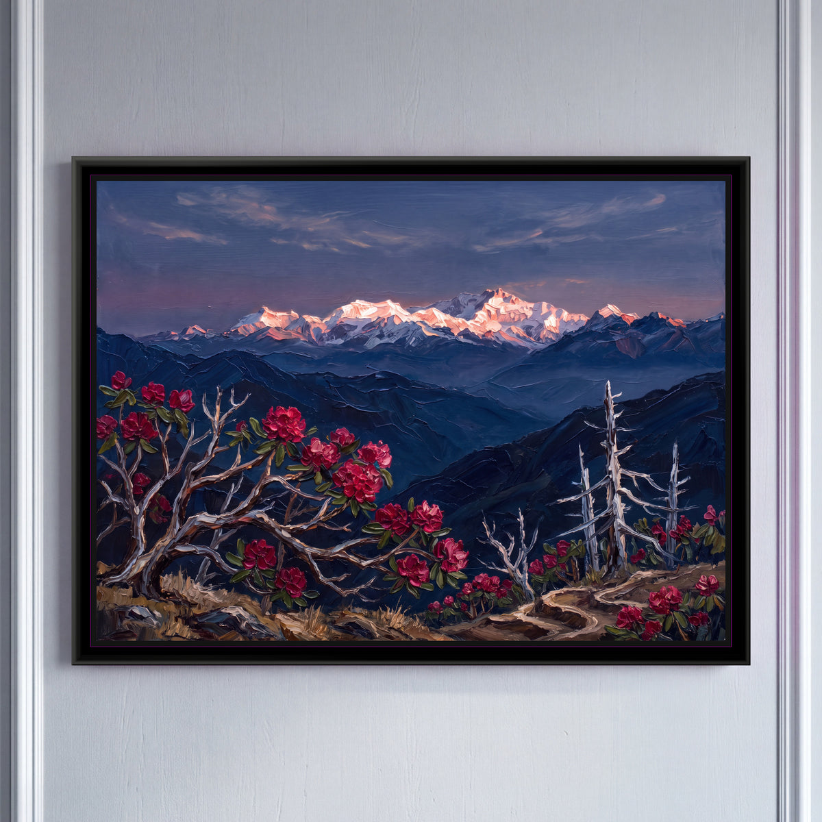 Rhododendrons and Silver Firs Before a Dawn Range - framed canvas art hung on a wall