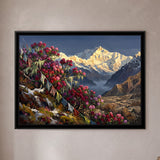 Rhododendrons and Prayer Flags Below a Golden Peak