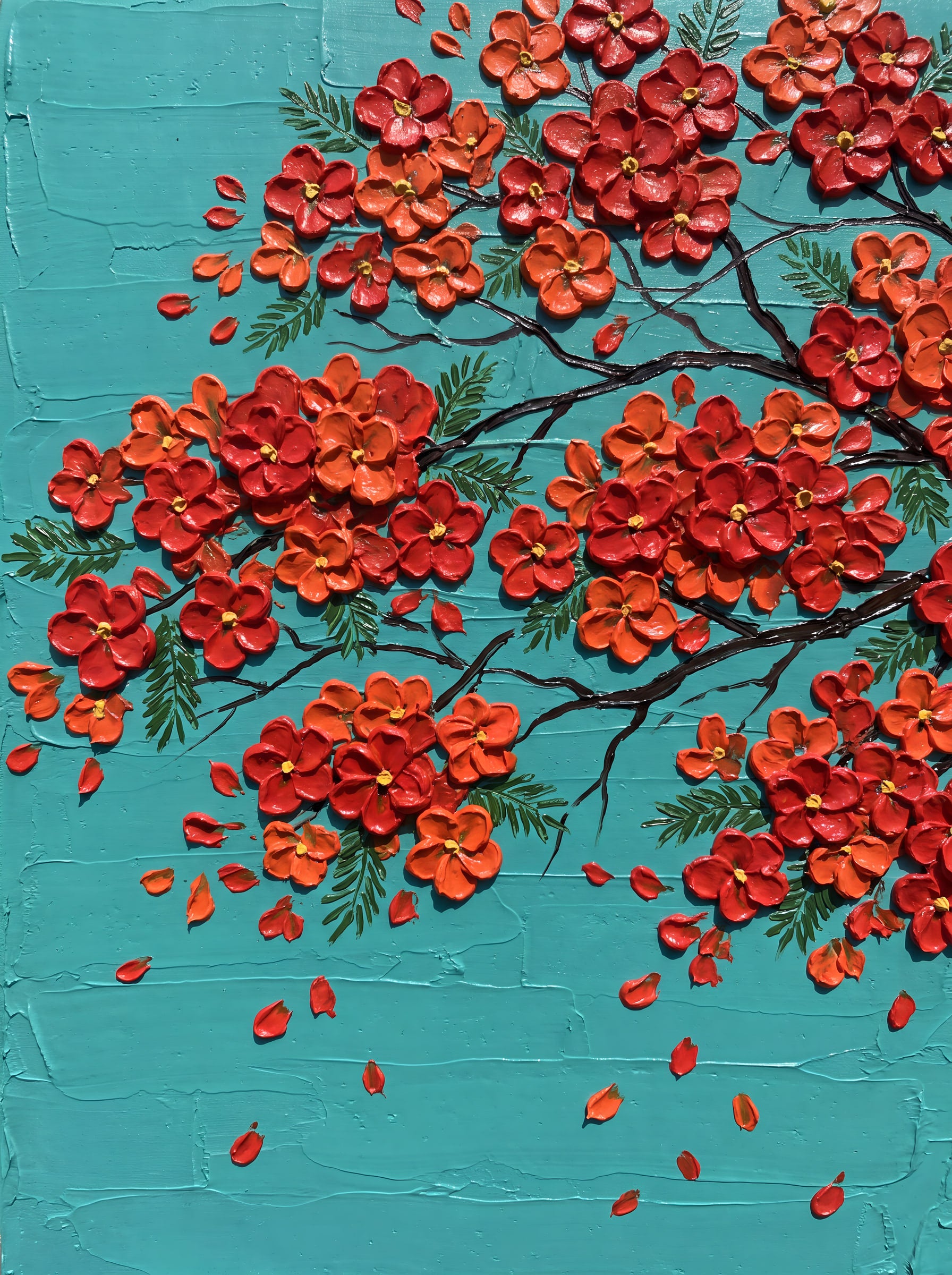 Red and orange gulmohar blossom in thick strokes on turquoise