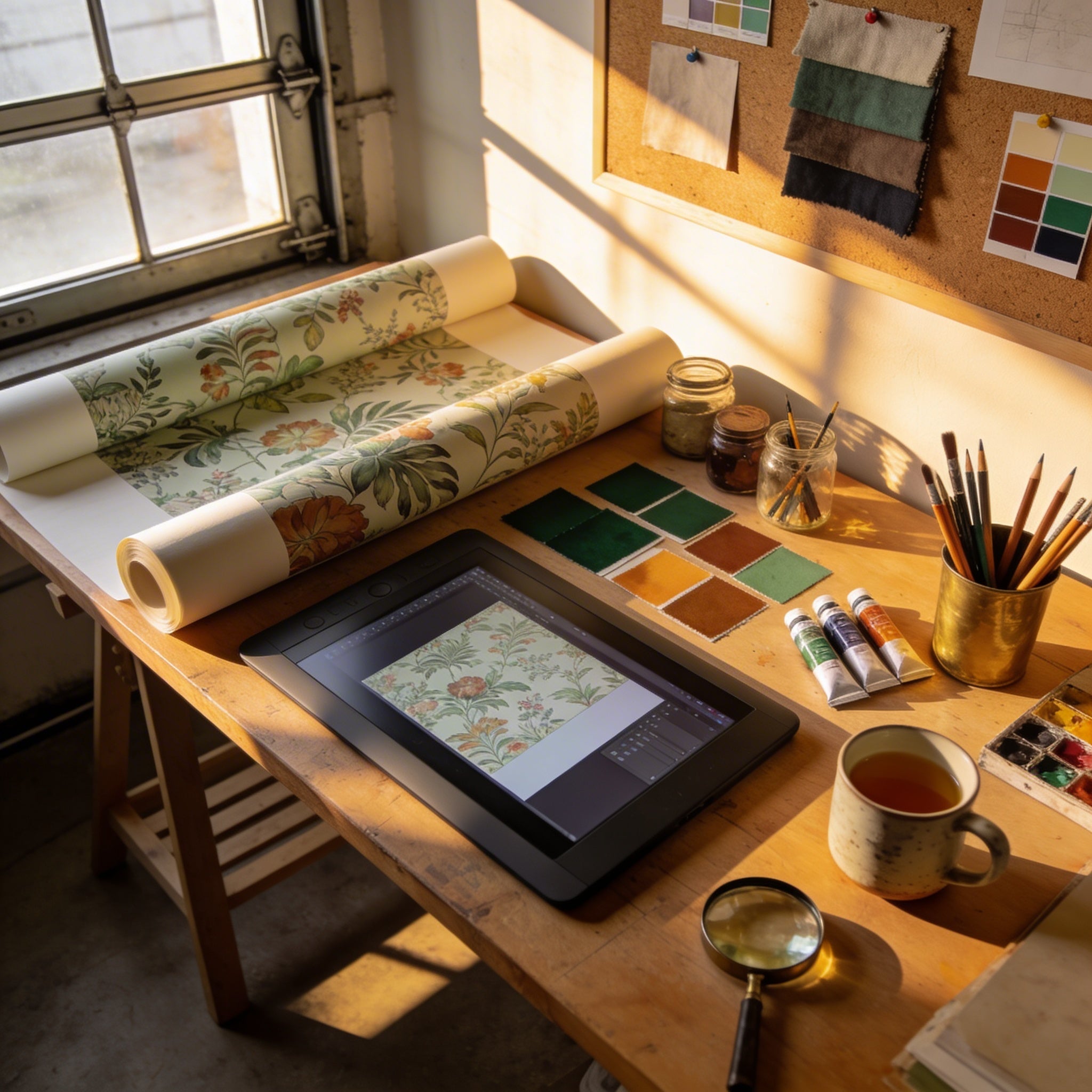 Inside the workshop — canvas on the bench, cut pine bar, boxes stacked