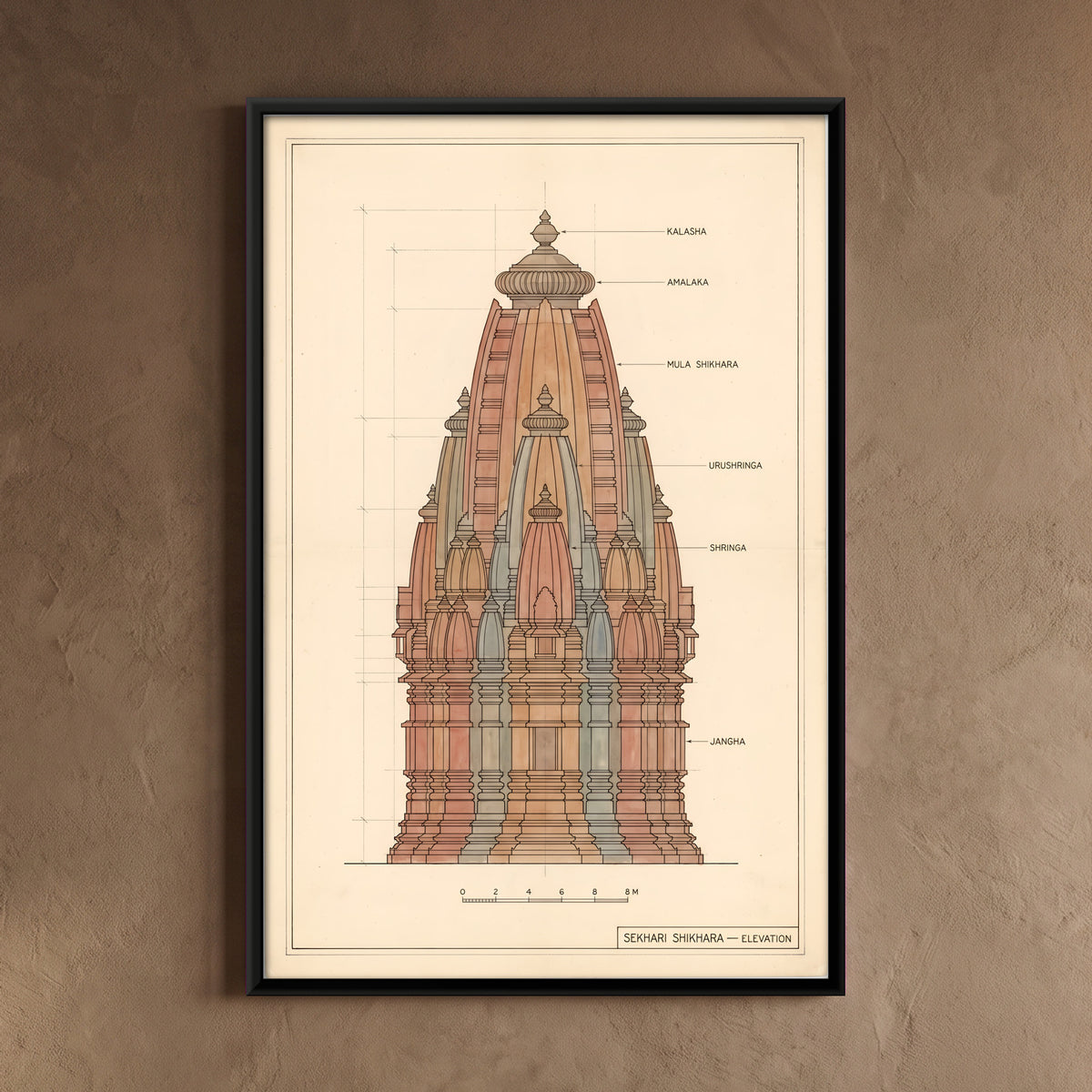 Sekhari Shikhara Elevation - framed canvas art hung on a wall